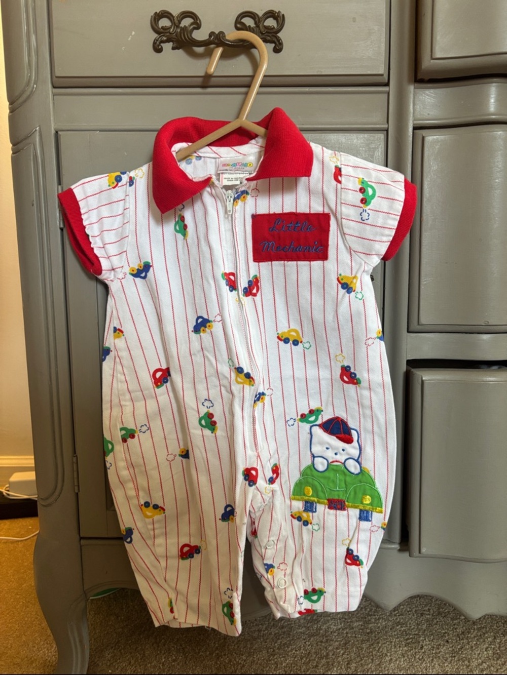 Vintage Baby Romper with Cars & Bear Patch - featuring “Little Mechanic” - 0-3 M